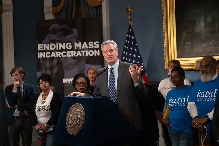 Mayor Bill de Blasio at a press conference after the City Council voted for his plan to close Rikers Island and replace it with four new jails.